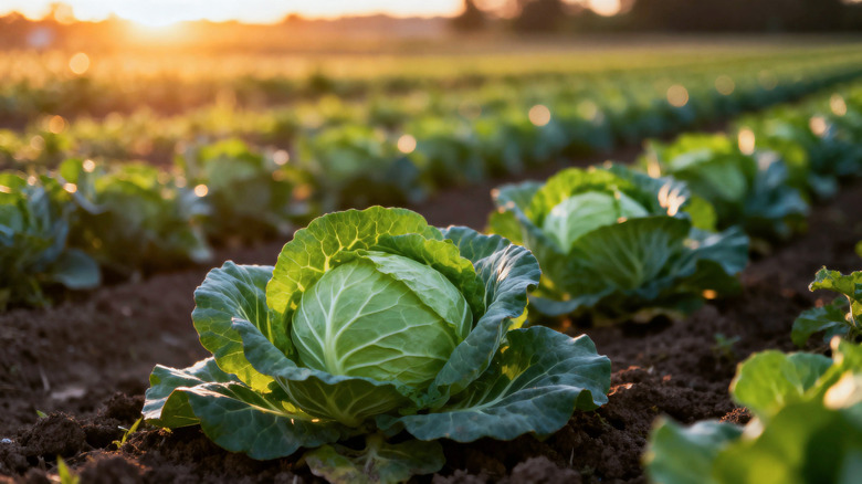 field full of growing green cabbages