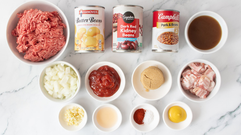canned beans, condiments, seasonings, and raw meat