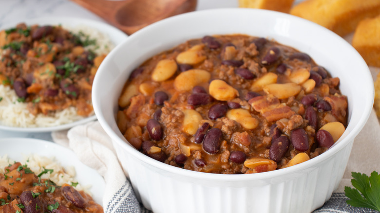 ground beef and mixed beans in a white bowl