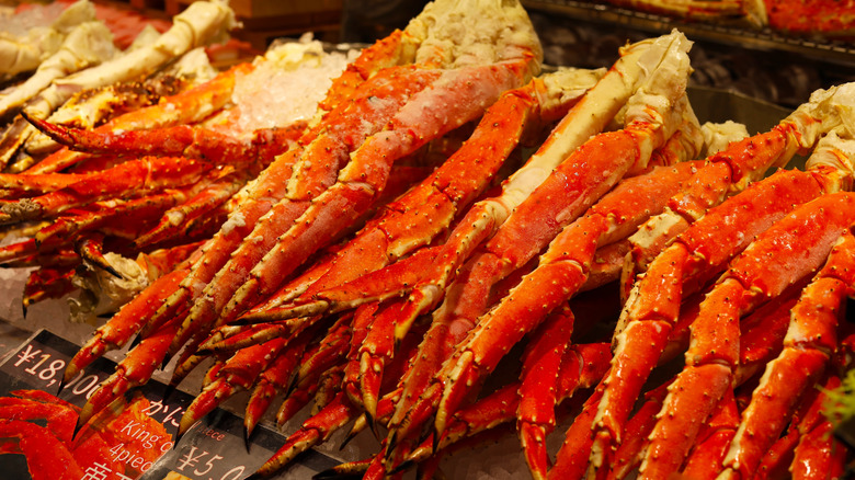 King crab legs on display at a market