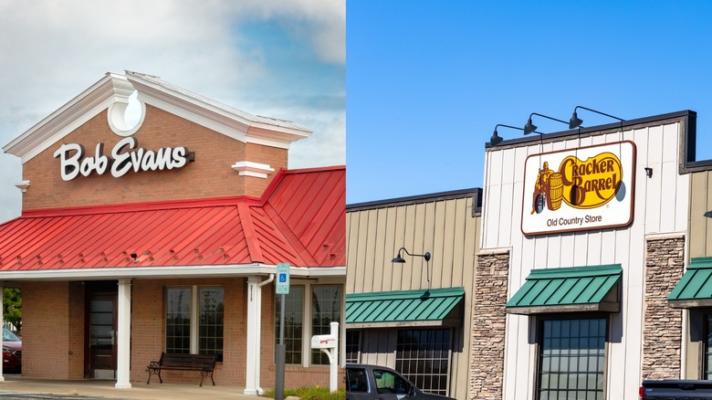 The exterior of Bob Evans next to the exterior of Cracker Barrel Old Country Store