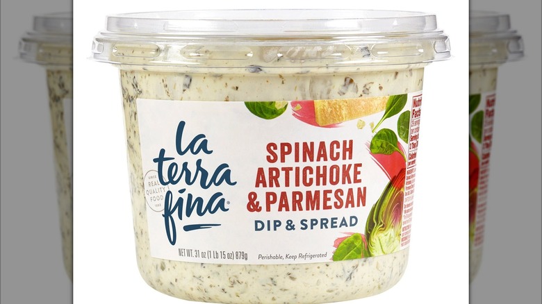 A container of La Terra Fina's spinach, artichoke, and Parmesan dip