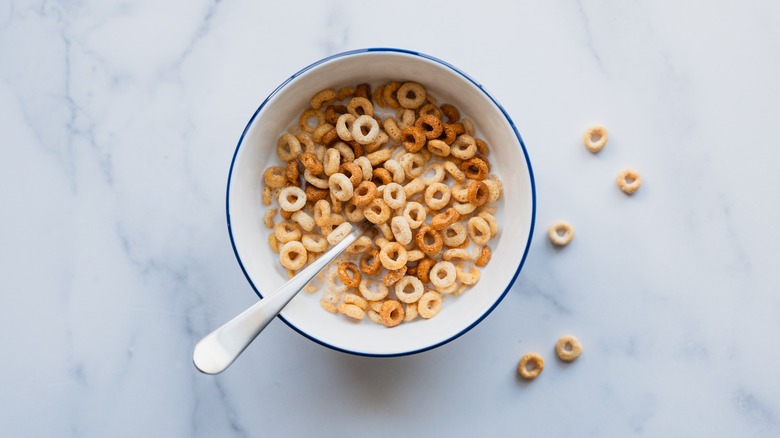 A bowl of cereal and milk on a countertop
