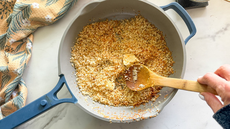 breadcrumbs in pan