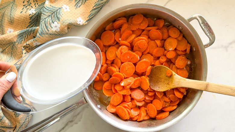 pouring cream into pan
