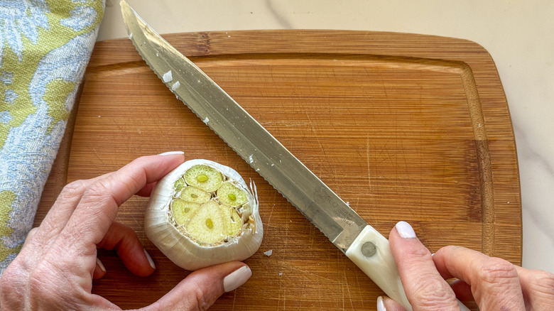 cut garlic on board