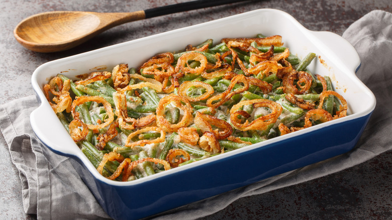 baking dish of green bean casserole