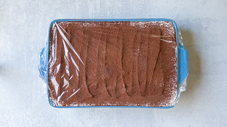 hazelnut tiramisu covered with plastic