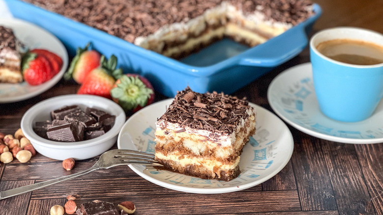 hazelnut tiramisu on plate with espresso 