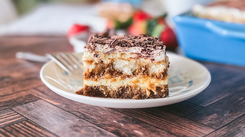 Slice of creamy hazelnut tiramisu on plate