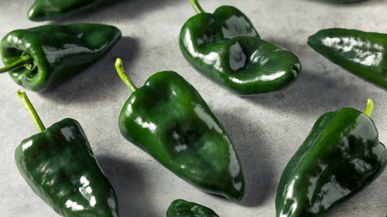raw green poblano peppers on a grey surface