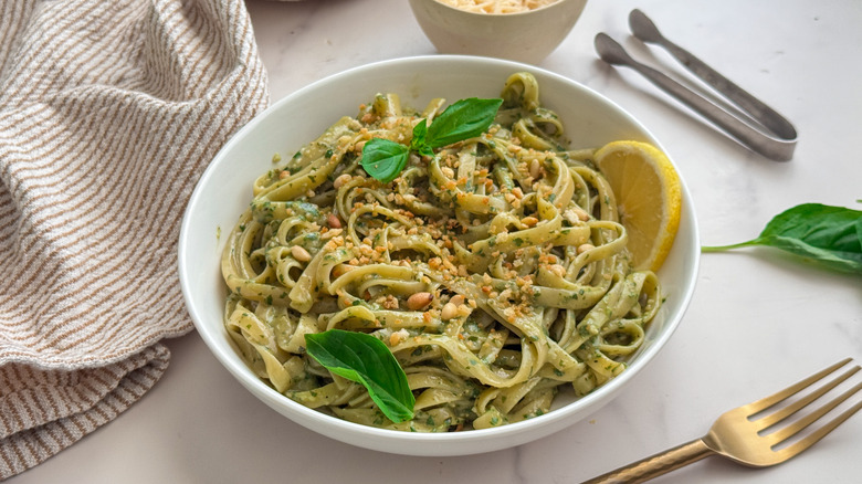bowl of pesto pasta