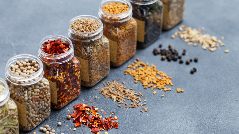 Assortments of spices and jars