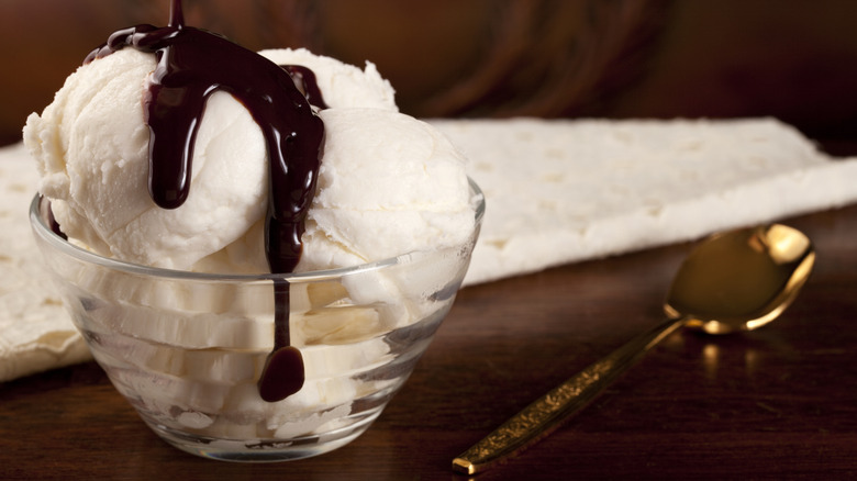 bowl of vanilla ice cream with hot fudge