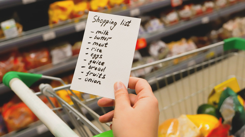 A person's hand holds a shopping list in a grocery store setting.