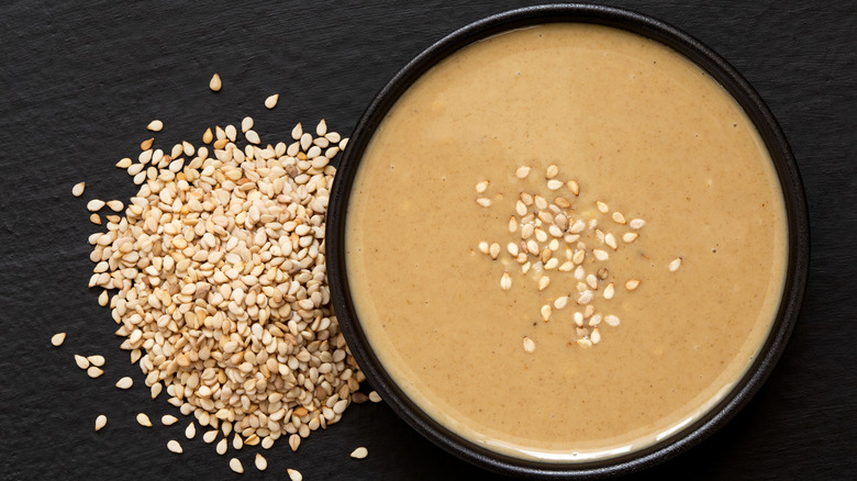 Bowl of tahini with sesame seeds