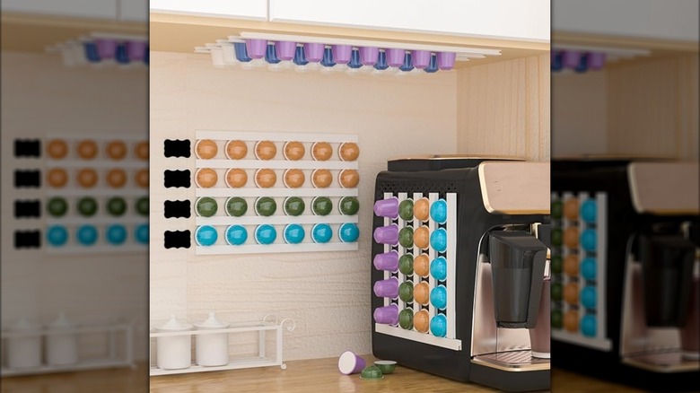 Self-adhesive coffee pod display racks in kitchen