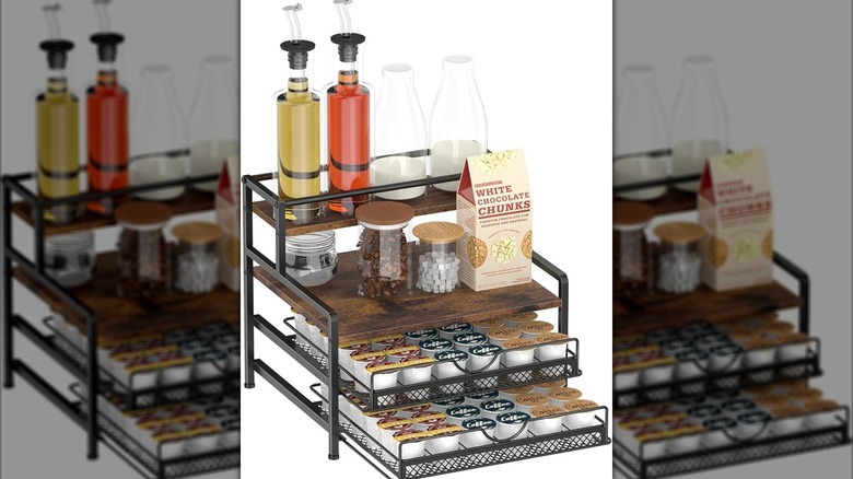 Coffee bar organizer with syrups and coffee pods