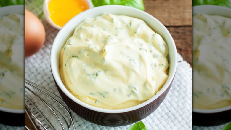 Basil mayonnaise in a ceramic bowl