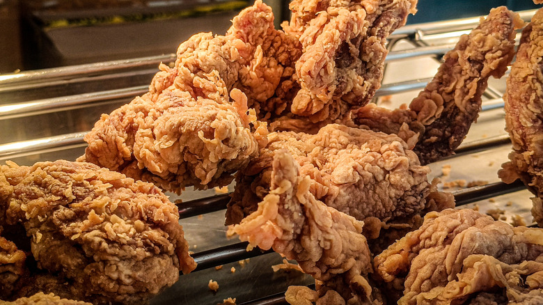 Crispy fried chicken on a wire rack