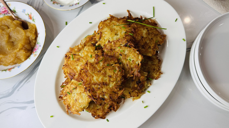Homemade latkes and applesauce