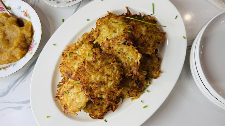 Platter of latkes with applesauce