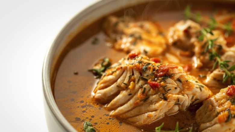 A bowl of fish stew with herbs for garnish