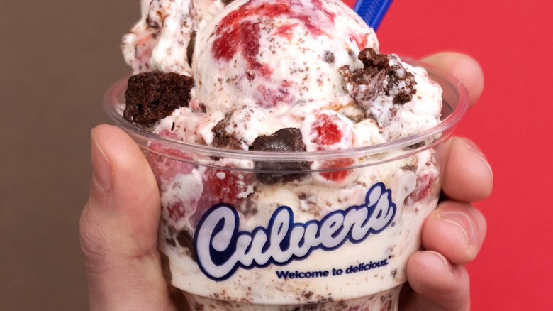 Close-up of Culver's strawberry chocolate parfait cluster