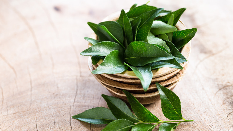 Fresh curry leaves in a bowl.