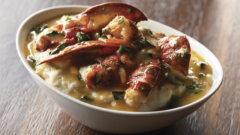 Close-up of Mastro's lobster mashed potatoes on a wooden table