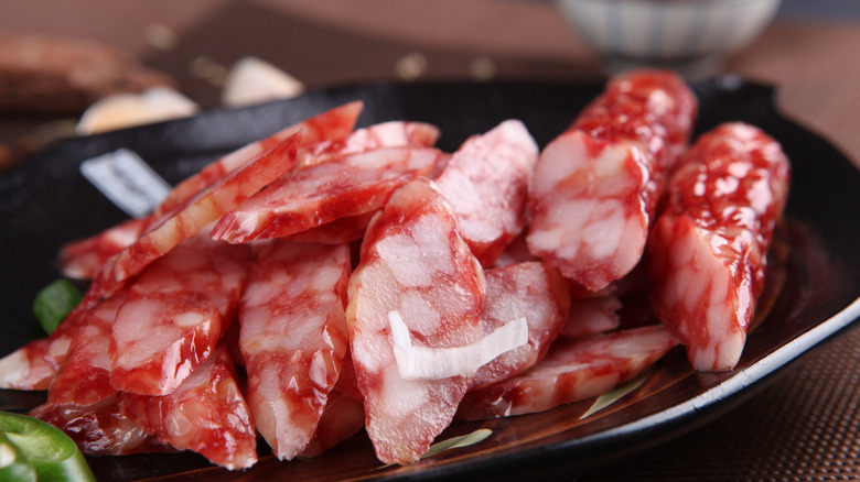 Slices of Chinese lap cheong sausage