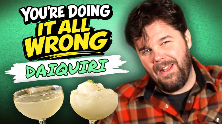 Man with a frozen daiquiri and a regular daiquiri on a green background with the title 