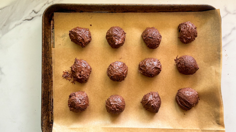 sheet pan with chocolate balls