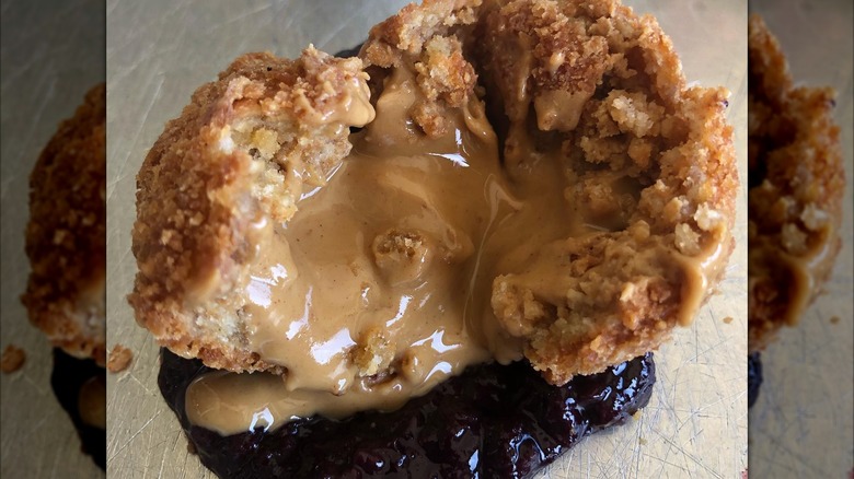Deep fried peanut butter served atop jelly