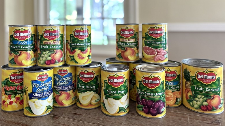 Del Monte canned fruit arranged on table