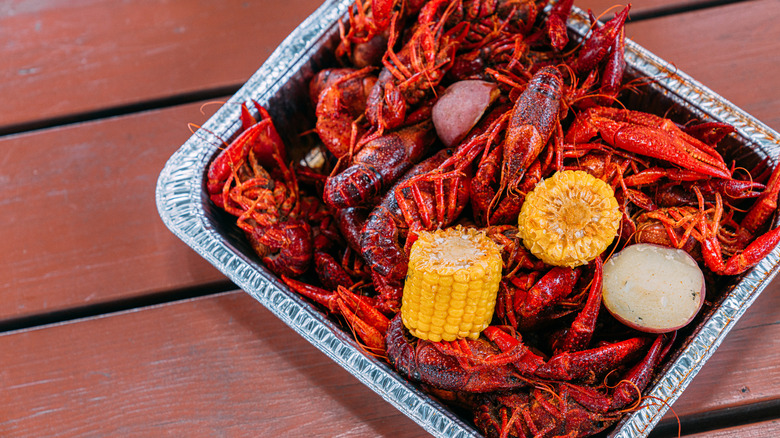 Boiled crawfish with corn, potatoes, and seasoning