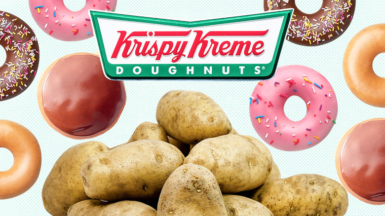 A composite image of Krispy Kreme donuts on a white background with the logo on top and potatoes on bottom