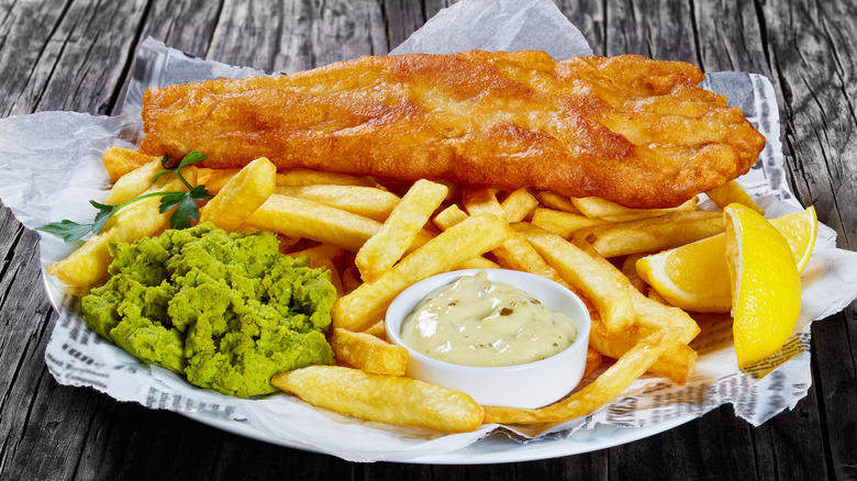 Mushy peas, fish, and fries