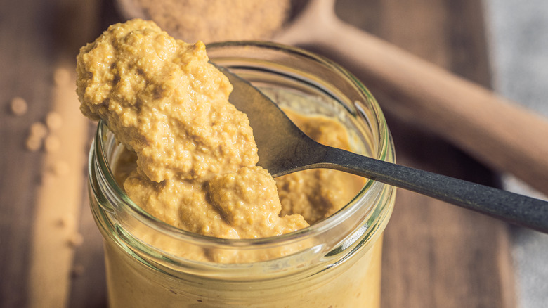 Close-up of a spoonful of homemade mustard