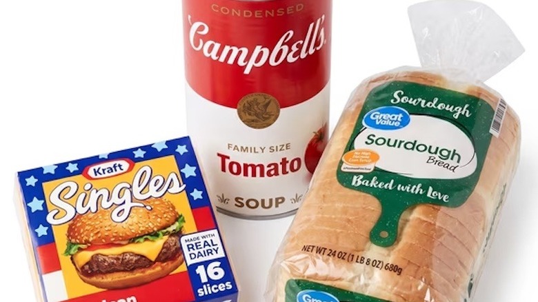 A Walmart meal bundles featuring tomato soup, sourdough bread, and American cheese slices