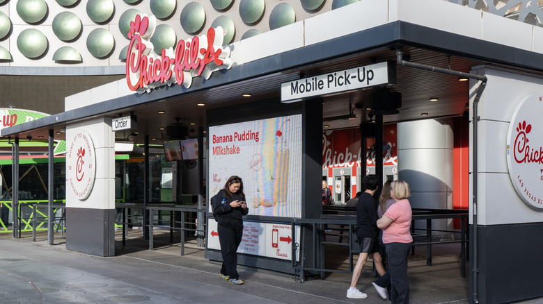Chick-fil-A facade with dessert float ad featured in the front.