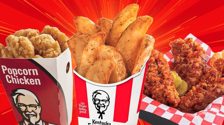 Three discontinued menu items from KFC, the popcorn chicken, potato wedges, and Nashville hot chicken