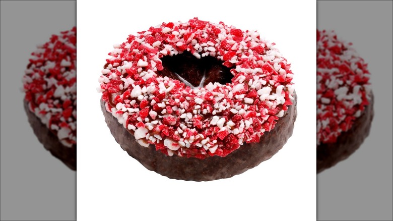 A close-up of the Peppermint Bark Doughnut from Krispy Kreme