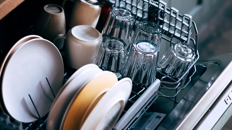 Open dishwasher with dishes