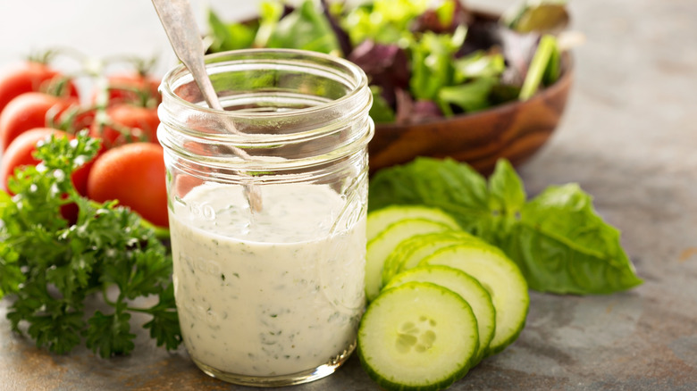 Homemade ranch dressing in a Mason jar