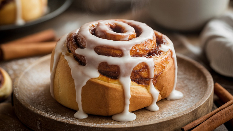 A baked cinnamon roll sits on a plate with icing