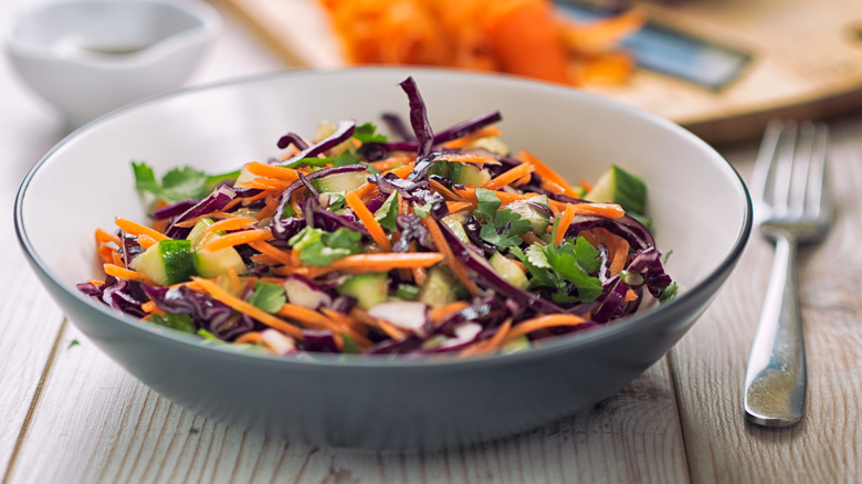 Homemade oriental style coleslaw in a bowl