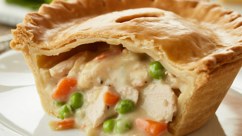 A sliced chicken potpie with a filling of chicken, carrots, peas, and broth