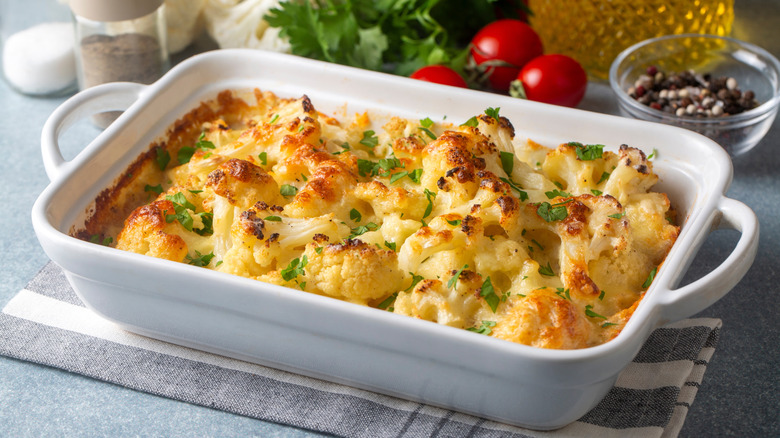 Crispy cauliflower bake with cheese sauce.