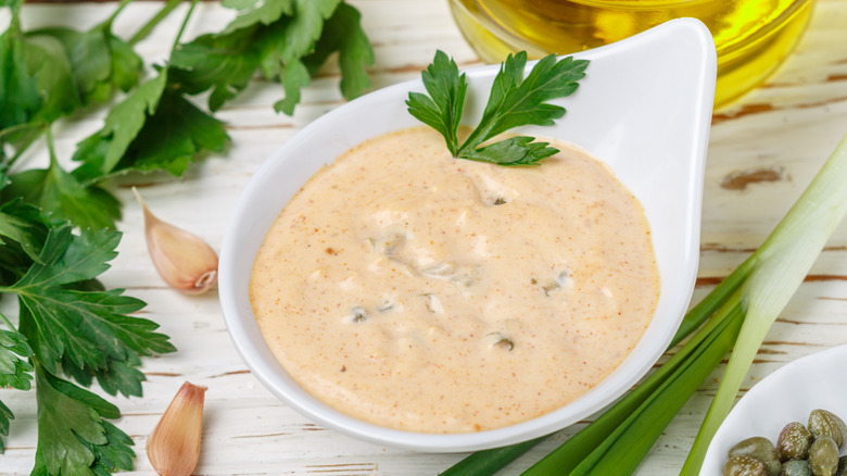 traditional french remoulade in a white bowl